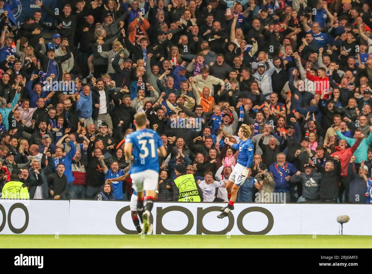 Glasgow, UK. 22nd Aug, 2023. In the 1st leg of the UEFA Champions League play off, Rangers took on PSV Eindhoven at Ibrox Stadium, Glasgow, UK. This was the 1st leg with the 2nd game to be played at Eindhoven's stadium on 30 August 2023 when the cumulative winner will then progress to the group stage. Credit: Findlay/Alamy Live News Stock Photo