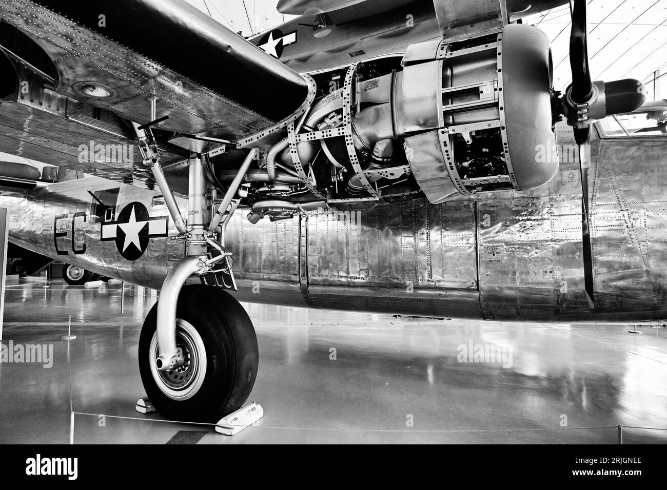 A B-24 Consolidated Liberator WWII Bomber engine undercarraige  detail in the American Museum at the Imperial War Museum and   airfield Duxford Stock Photo
