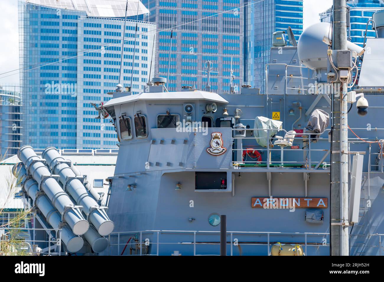 A closeup of Australian navy ship, Anzac Class Frigate, HMAS Arunta
