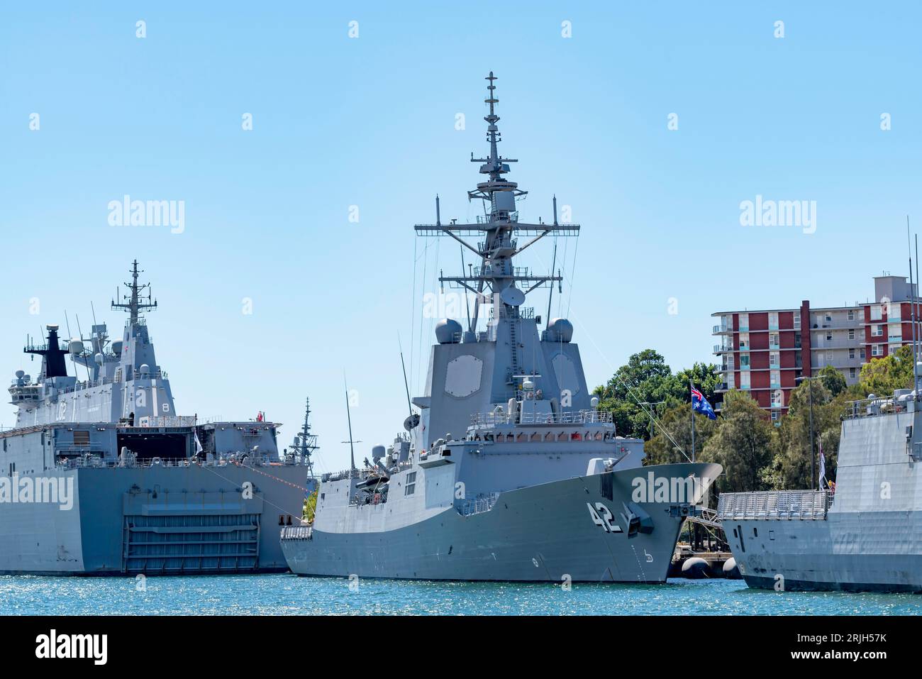 From left Australian navy ships, Landing Dock Ship HMAS Canberra (L02) Destroyer, HMAS Sydney (DDG 42) and Frigate, HMAS Arunta (FFG 151) Stock Photo