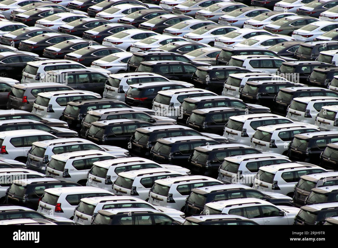 Visual gridlock formed by over 600 Toyota Land Cruiser Prado SUVs in vehicle storage at Zeebrugge harbour awaiting UK and European distribution. Stock Photo