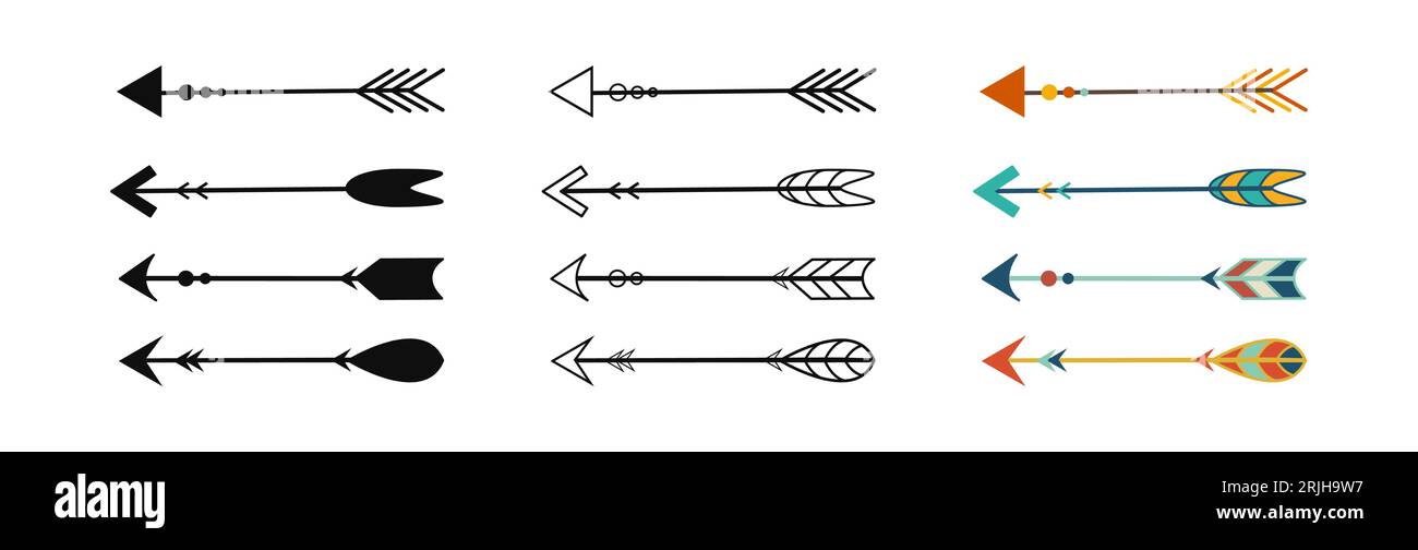 Set of arrows of ancient wild tribes, Indians, African tribes. Vector. Silhouette, outline, colorful arrows with ornaments. Hunting equipment. Mayan a Stock Vector
