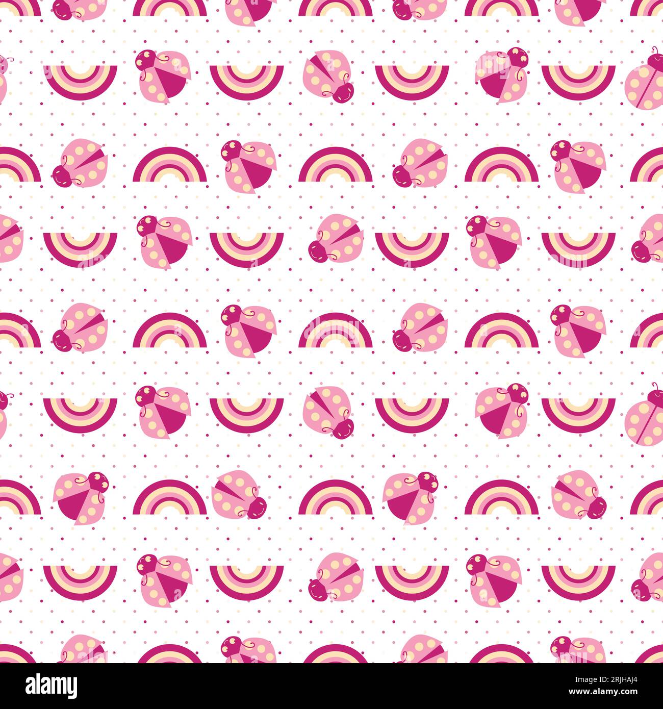 Cute pink ladybugs and rainbows seamless vector pattern background ...