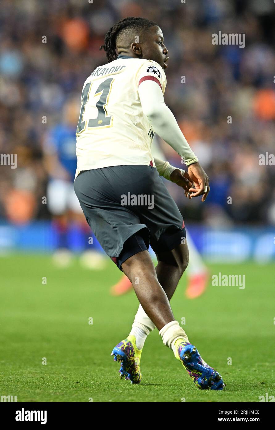 Glasgow, Scotland, 22nd August 2023.  Johan Bakayoko of PSV Eindhoven  during the UEFA Champions League match at Ibrox Stadium, Glasgow. Picture credit should read: Neil Hanna / Sportimage Stock Photo