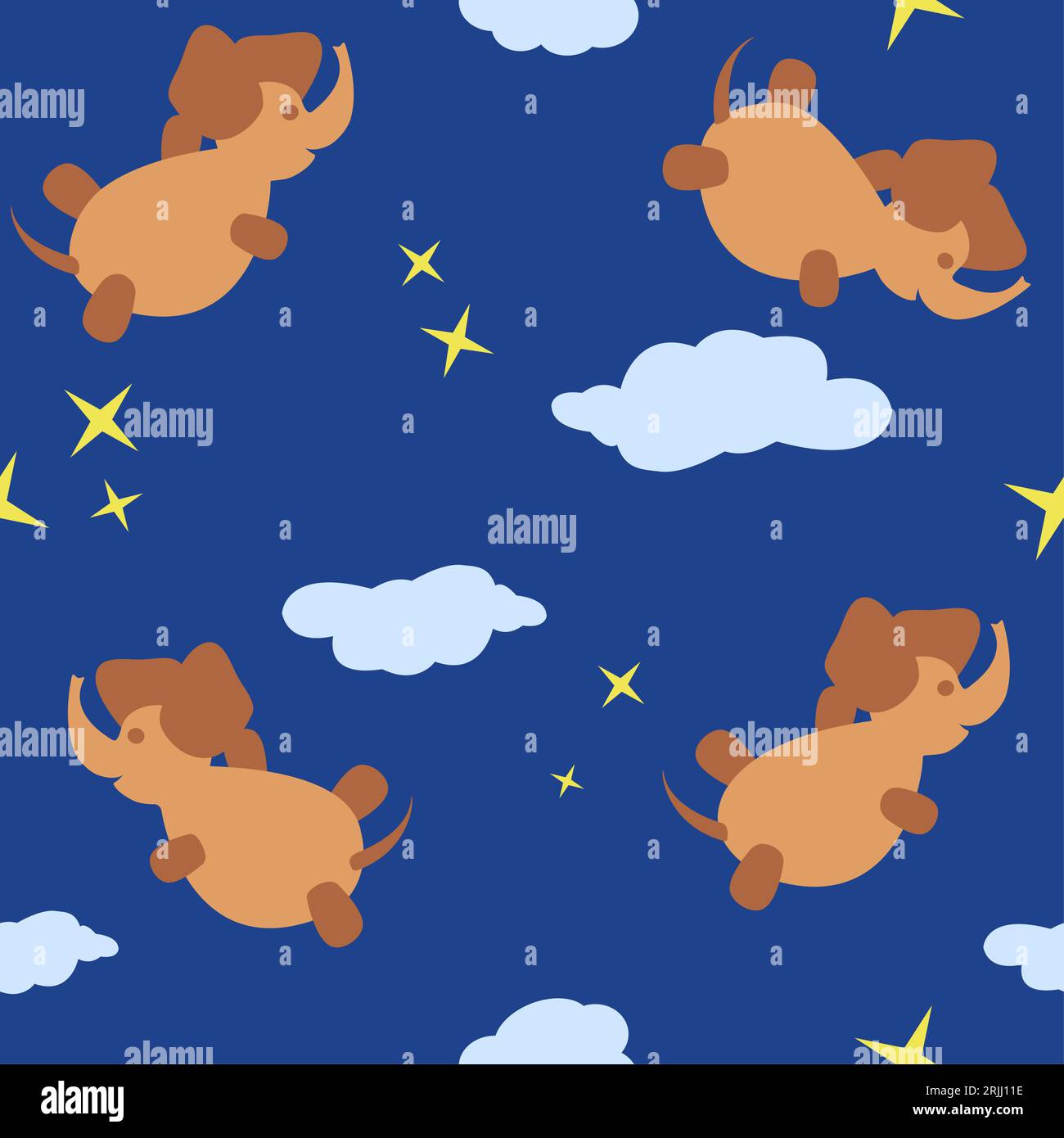Seamless repeat pattern with elephants and clouds on blue background. Cute elephant pattern for children fabric. Vector Stock Vector