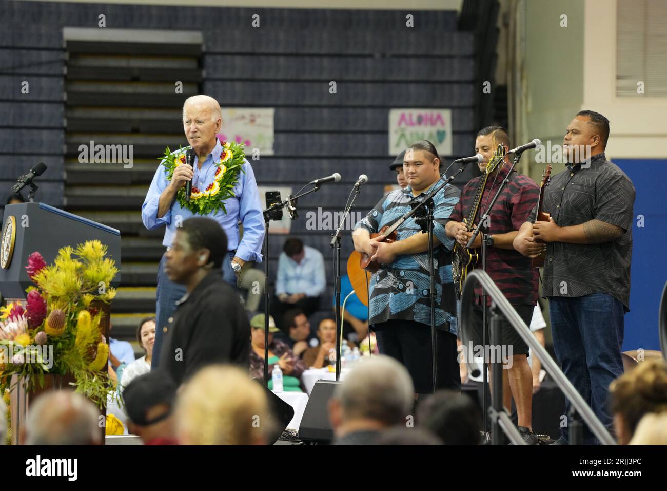 Maui, Hawaii (Aug. 21, 2023) - President Biden speaks at the civic center in Maui after the Hawaii Wildfires. Stock Photo