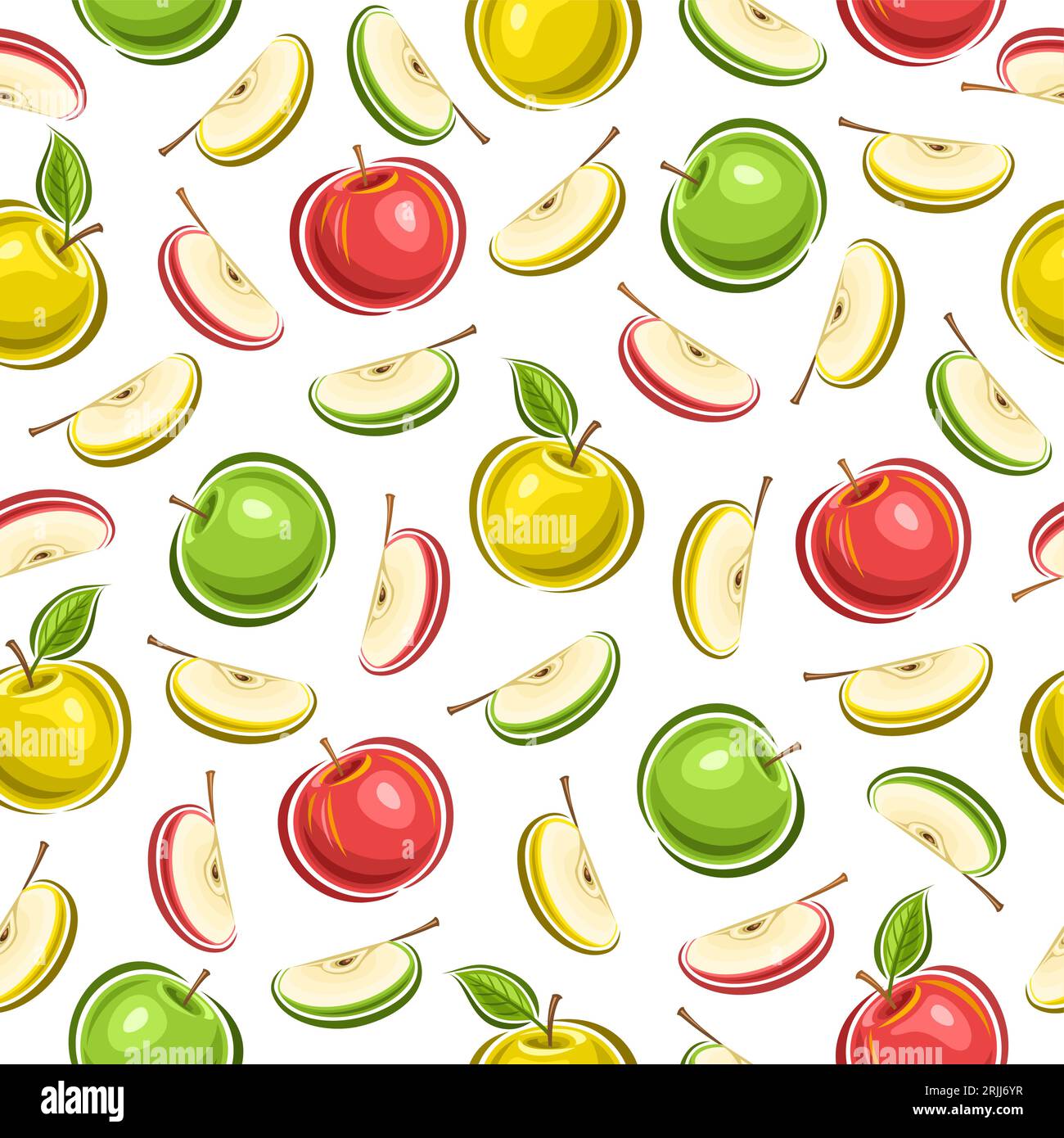 Vector Colorful Apple seamless pattern, square repeat background with cut out illustrations of juicy chopped apples with green leaves for wrapping pap Stock Vector