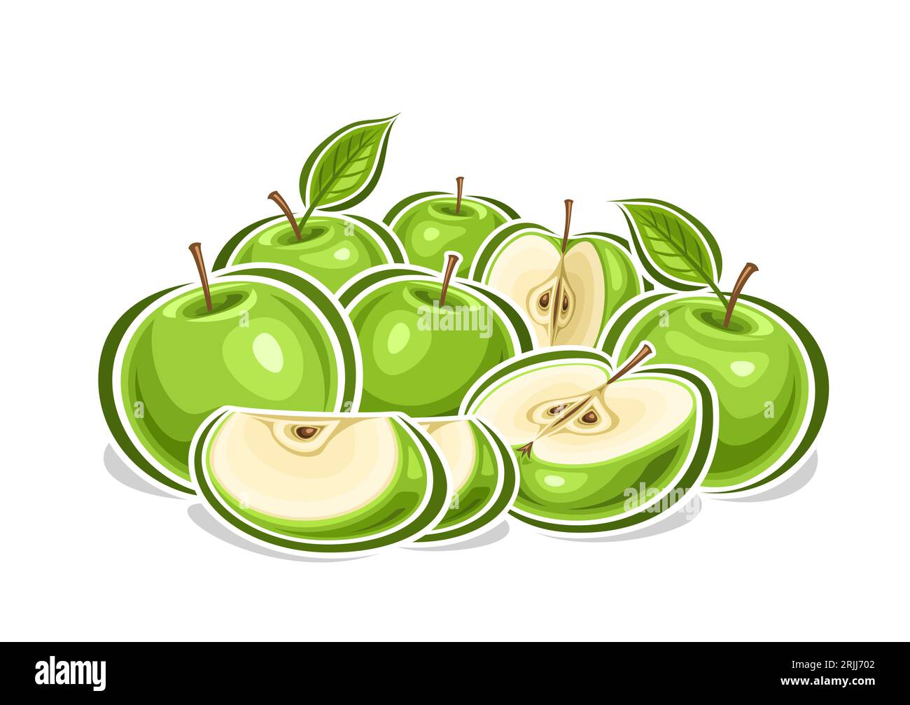 Vector logo for Green Apples, decorative horizontal poster with outline illustration of green apple fruity composition, fruit print with group of chop Stock Vector