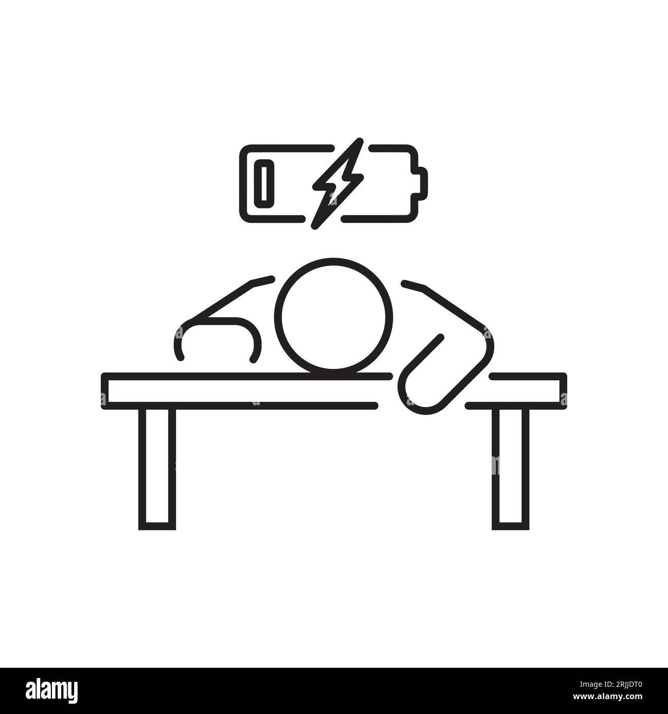 tired person in the workplace, tiredness or burnout icon, low level energy in work battery, exhausted and sleepy man, thin line symbol - editable stro Stock Vector