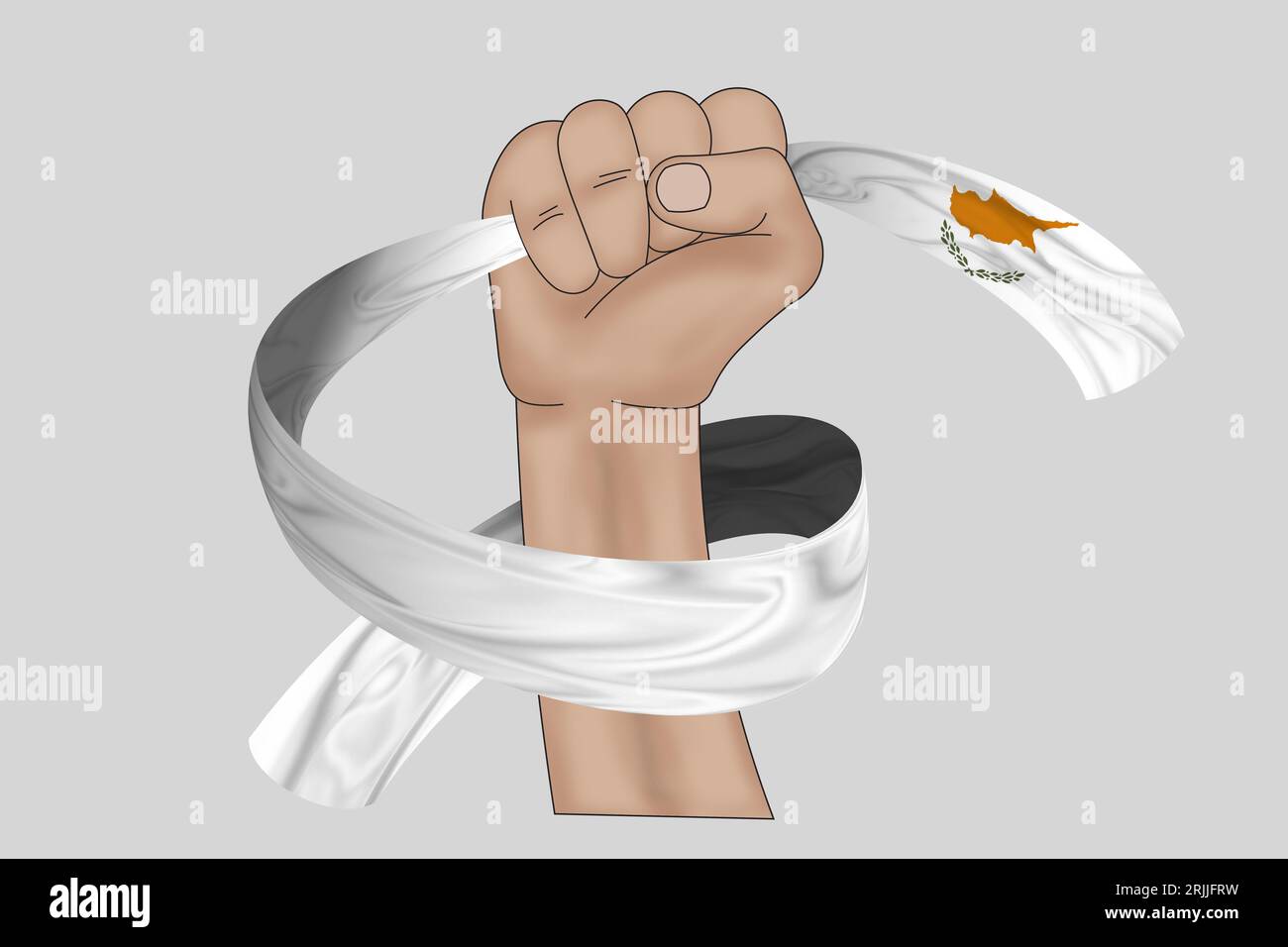 3D illustration. Hand holding flag of Cyprus on a fabric ribbon ...