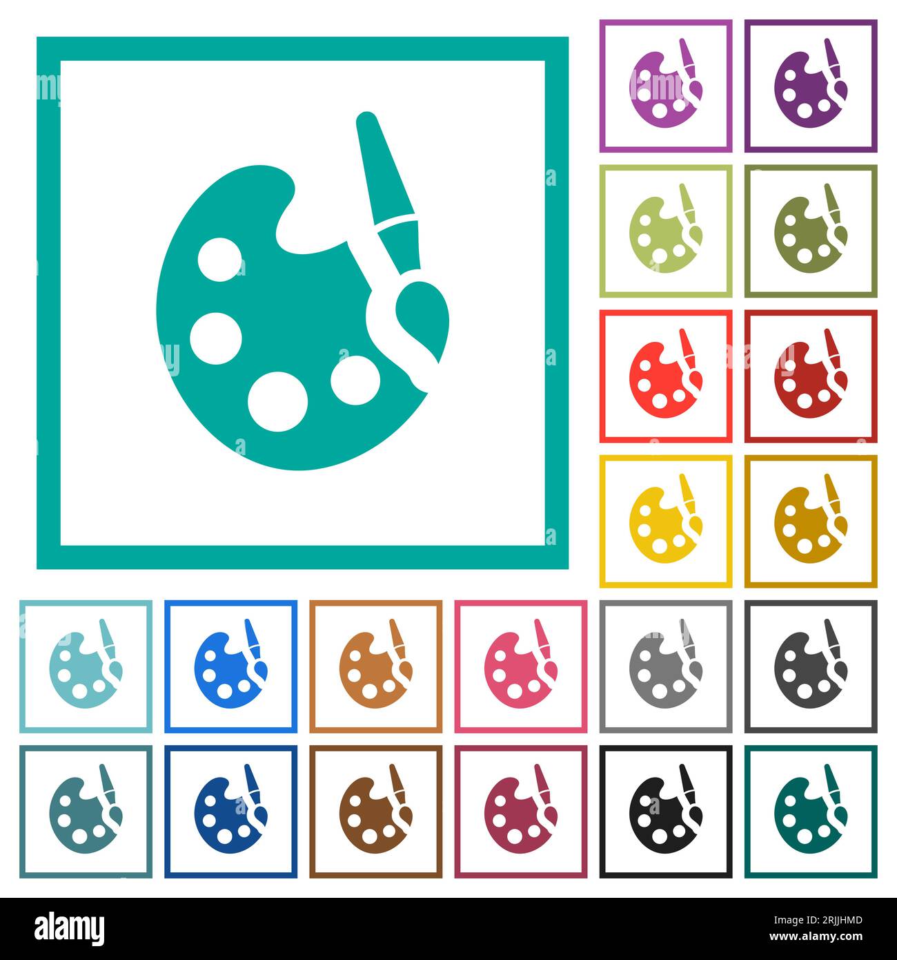 Paint kit solid flat color icons with quadrant frames on white background Stock Vector