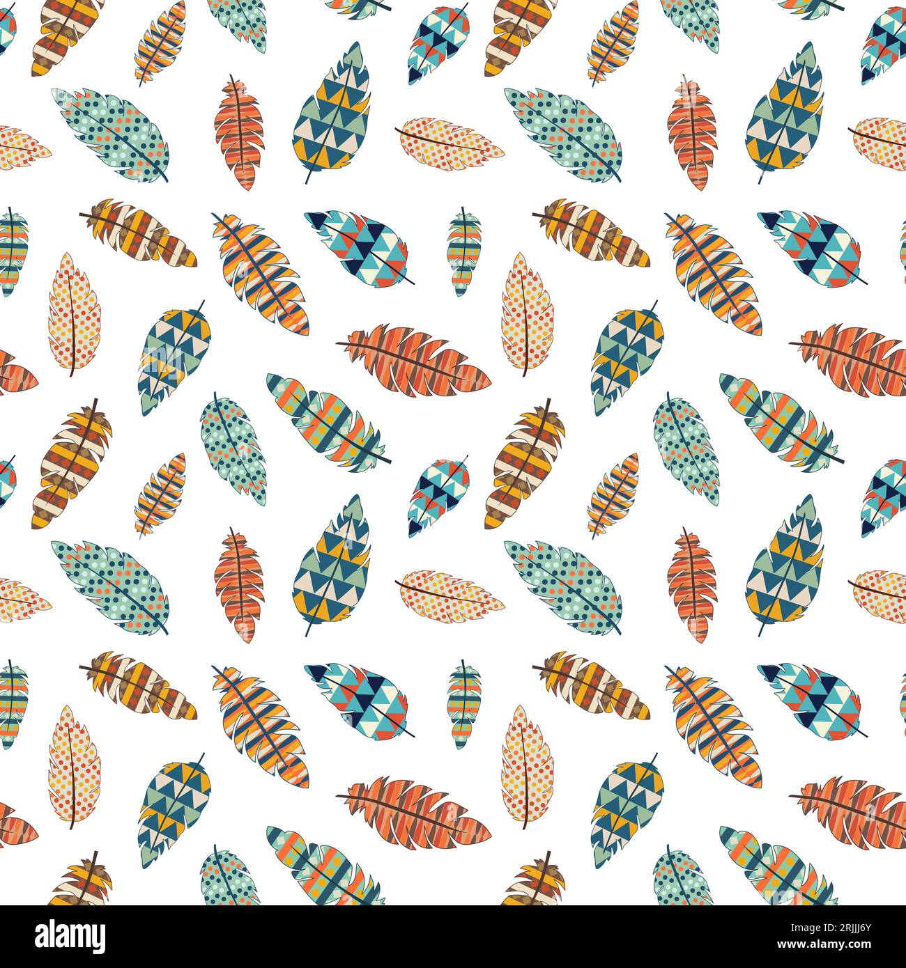 Seamless pattern, colorful feathers of Indians, African tribes, ancient wild tribes. Vector. Fashion design in boho style. For print, textile, fabric, Stock Vector