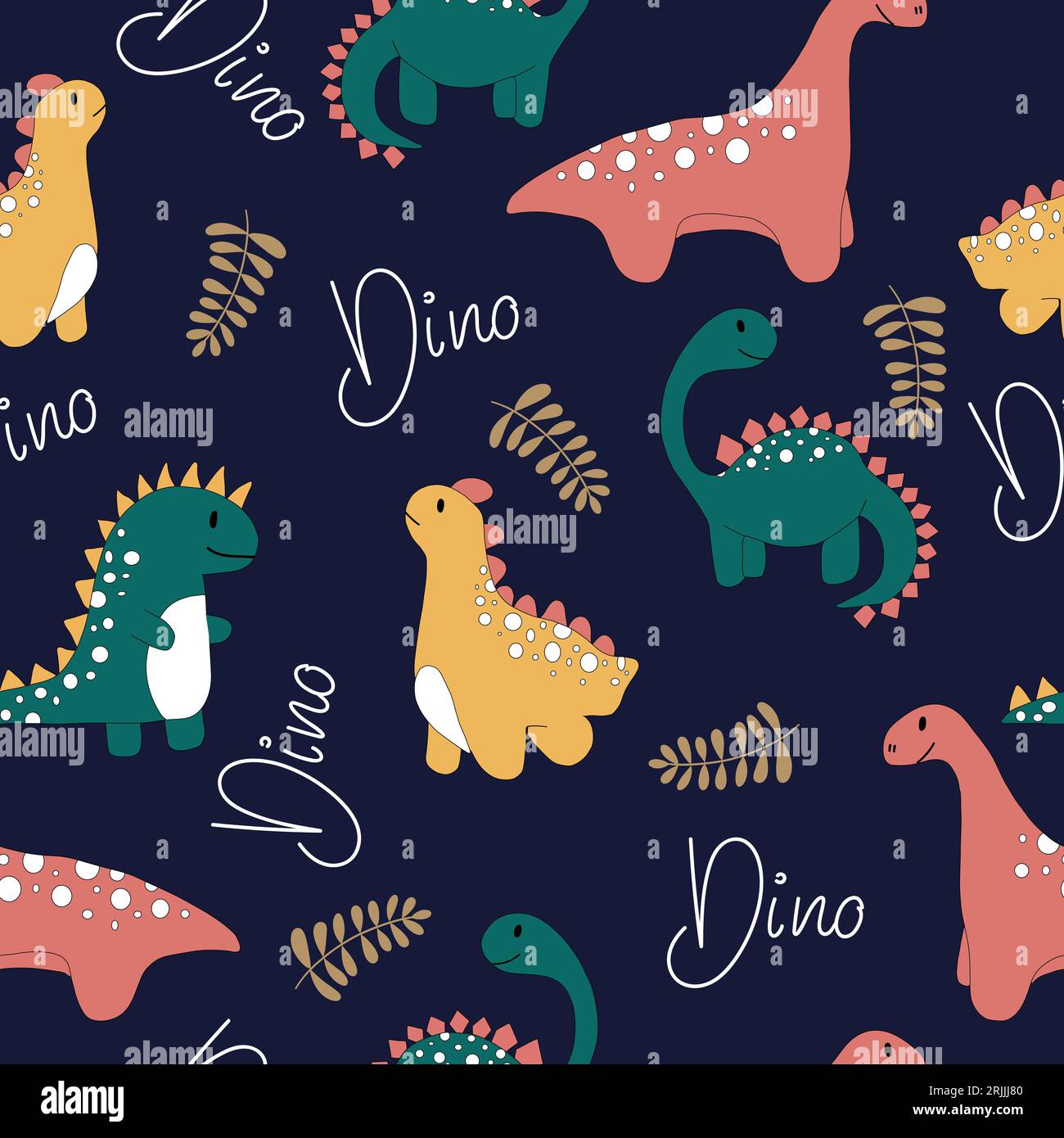 Seamless pattern with dinosaurs and lettering. Stock Vector