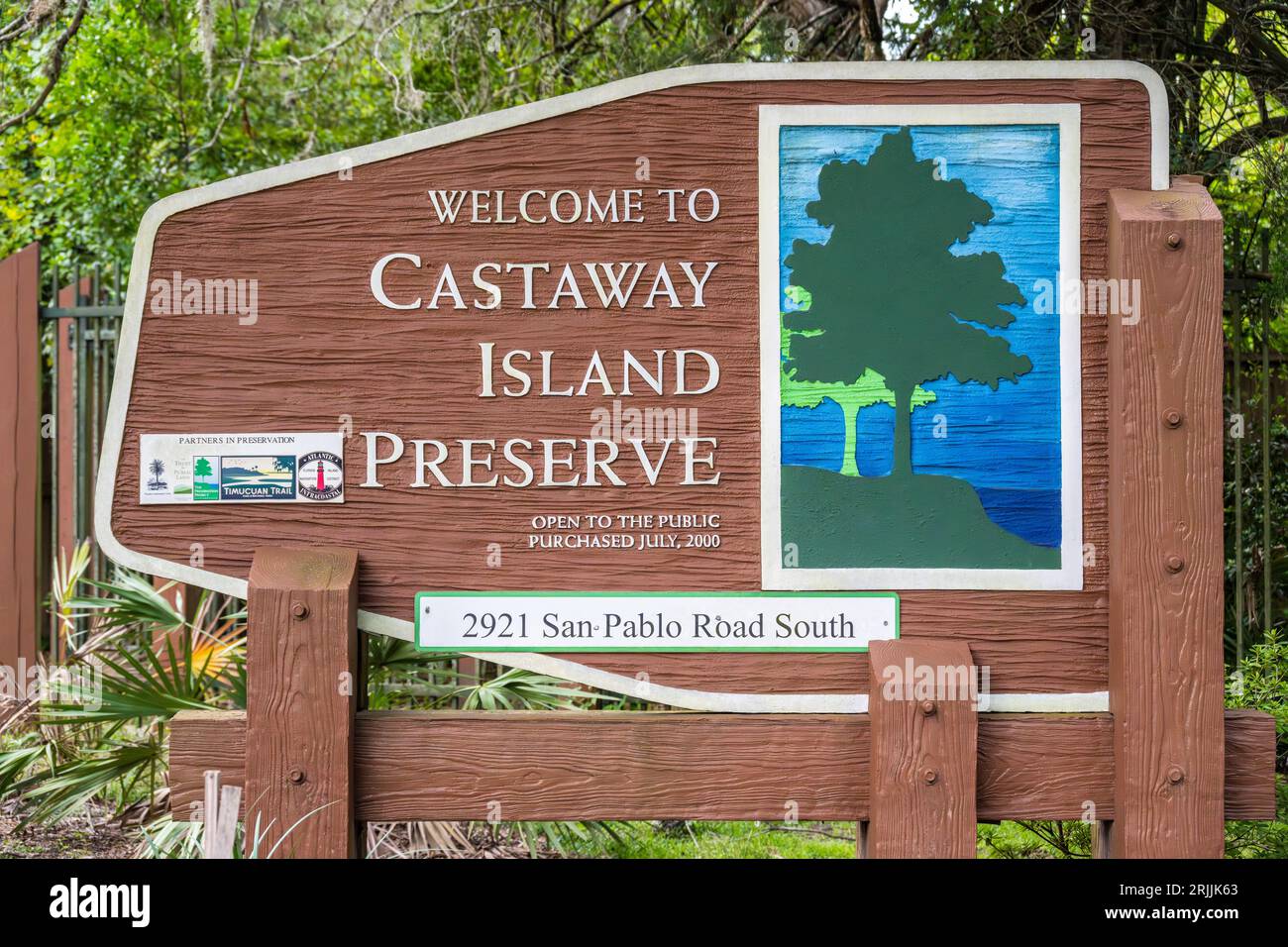 Entrance sign to Castaway Island Preserve on the Intracoastal Waterway in Jacksonville, Florida. (USA) Stock Photo