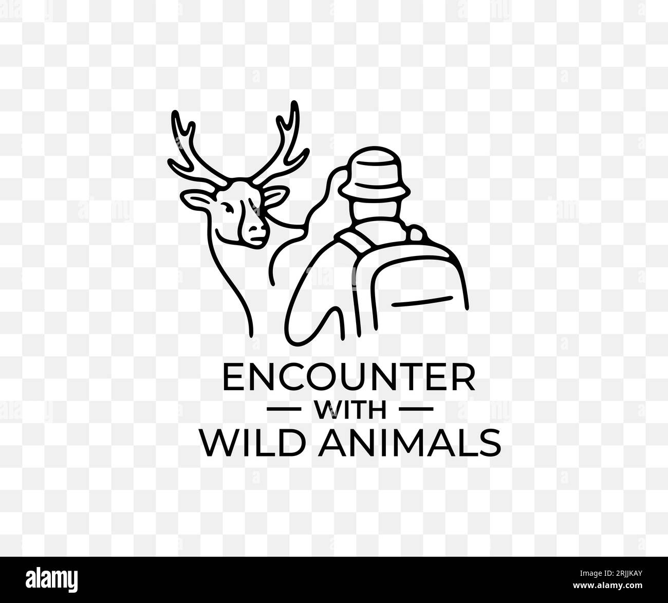 Encounter with wild animals in wild nature, linear graphic design. Travel, hiking, adventure, tourist, elk, deer and stag, vector design Stock Vector