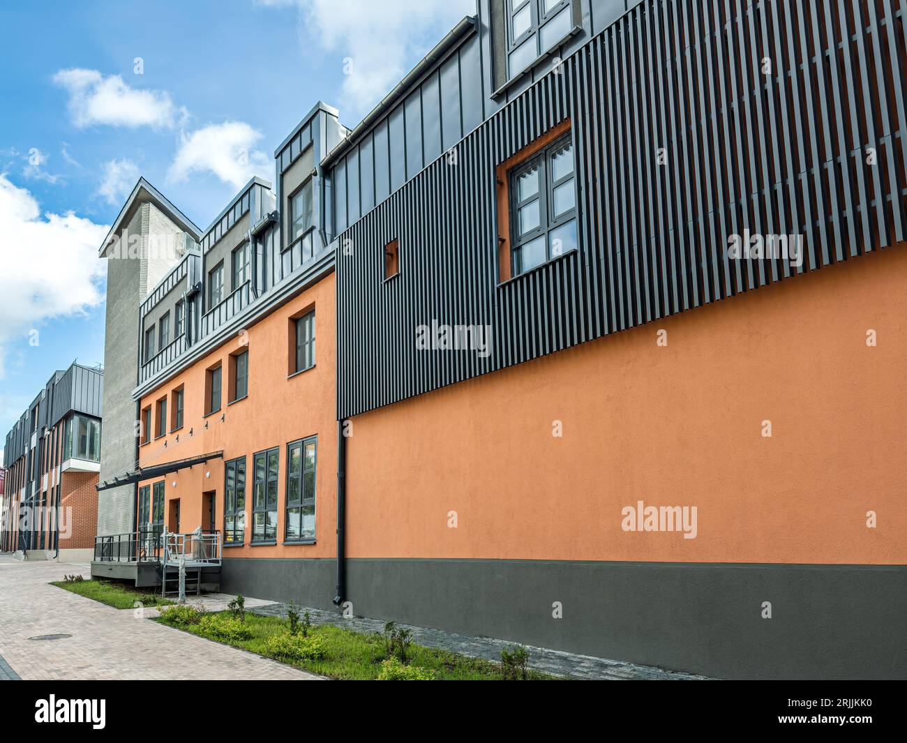 colorful renovated old industrial buildings in downtown. creative urban space. Stock Photo