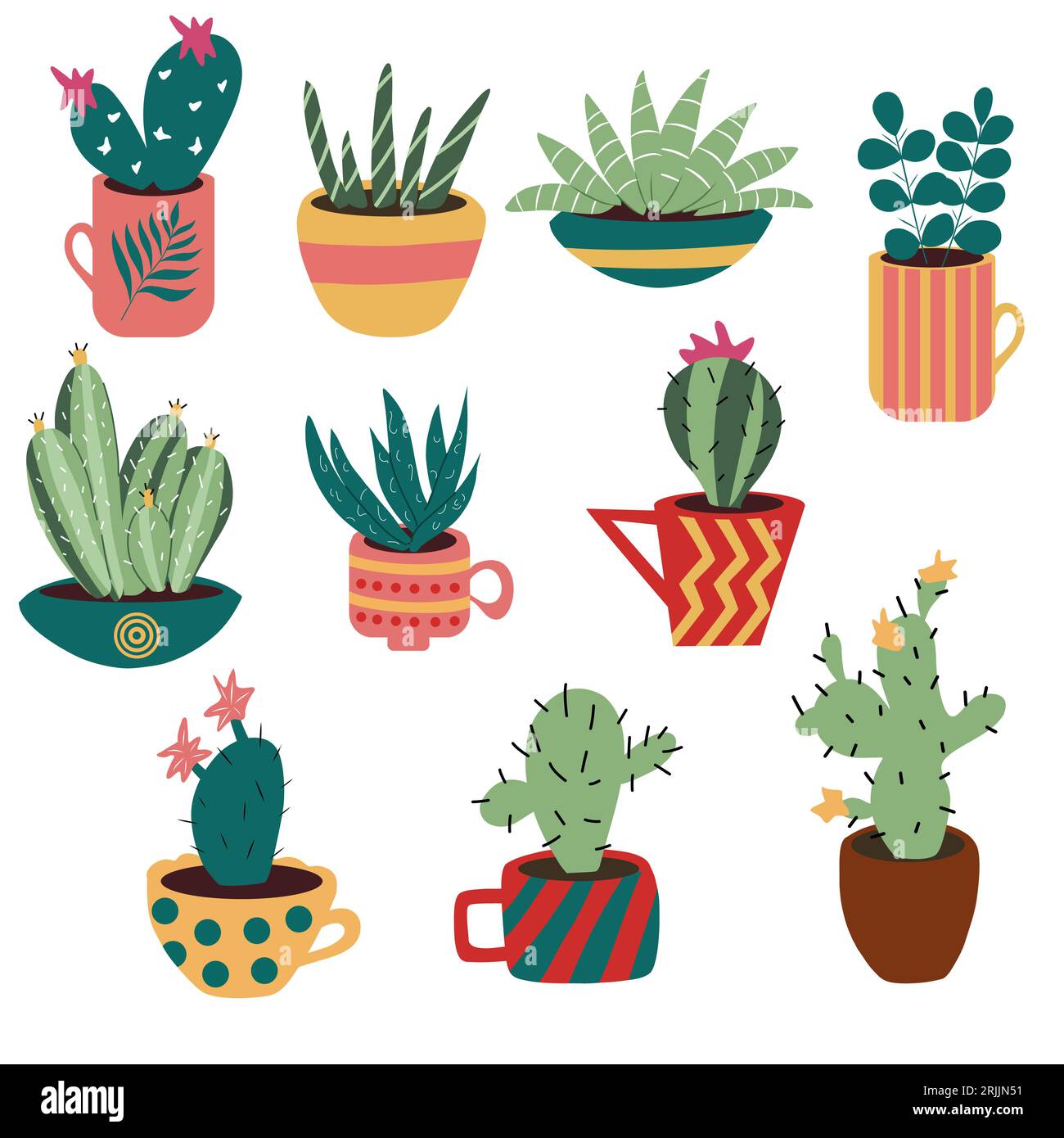 Set of colourful handdrawn cacti in pots and cups Stock Vector Image ...