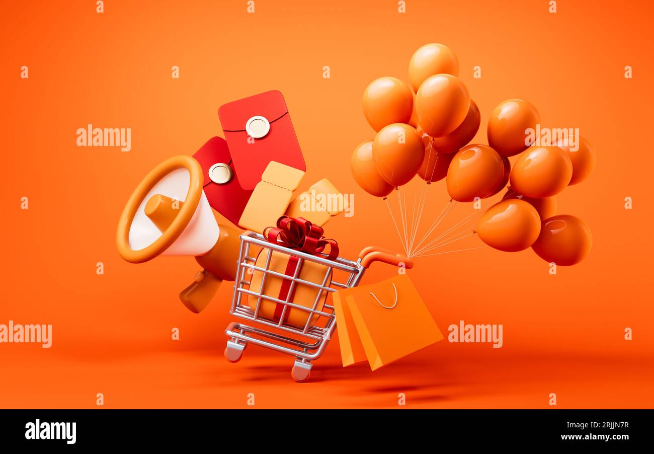 Cartoon shopping cart with shopping theme, 3d rendering. Digital drawing. Stock Photo