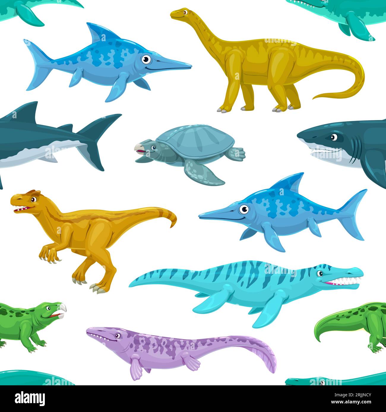 Cartoon reptile, dinosaur animal characters seamless pattern. Wrapping paper or textile vector print with Hyperodapedon, Vulcanodon, Megalodon and Oph Stock Vector