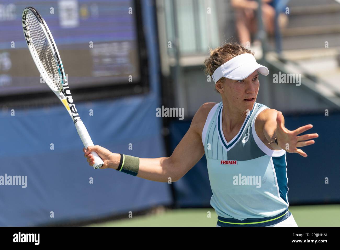 Victorija Golubic of Switzerland returns ball during 1st round match against Mary Stoiana of USA of qualifying for US Open Championship at Billy Jean King Tennis Center in New York on August 22, 2023 Stock Photo