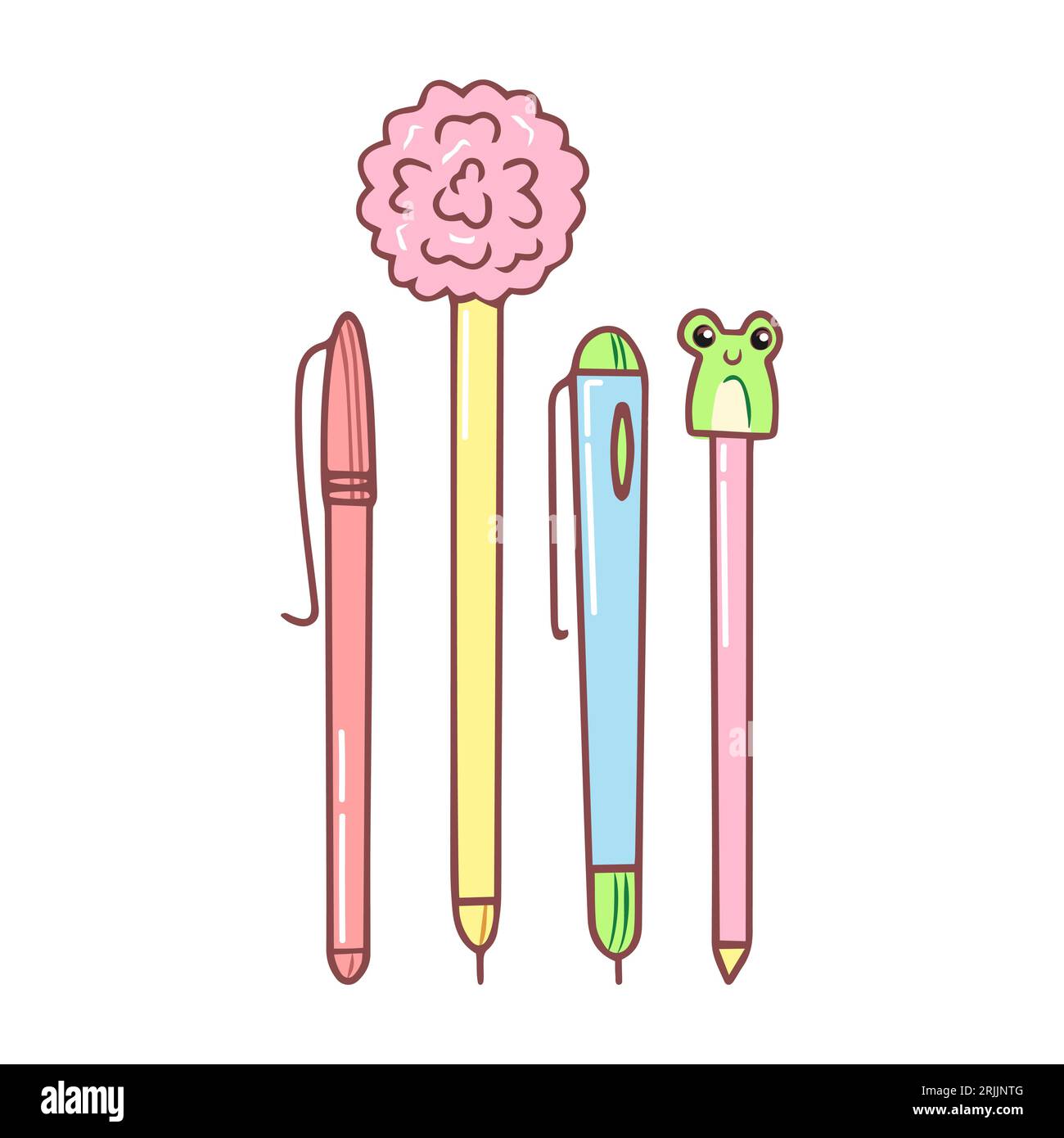 Set of cute pens. Kawaii pen with frog. Hand drawn stationery supplies