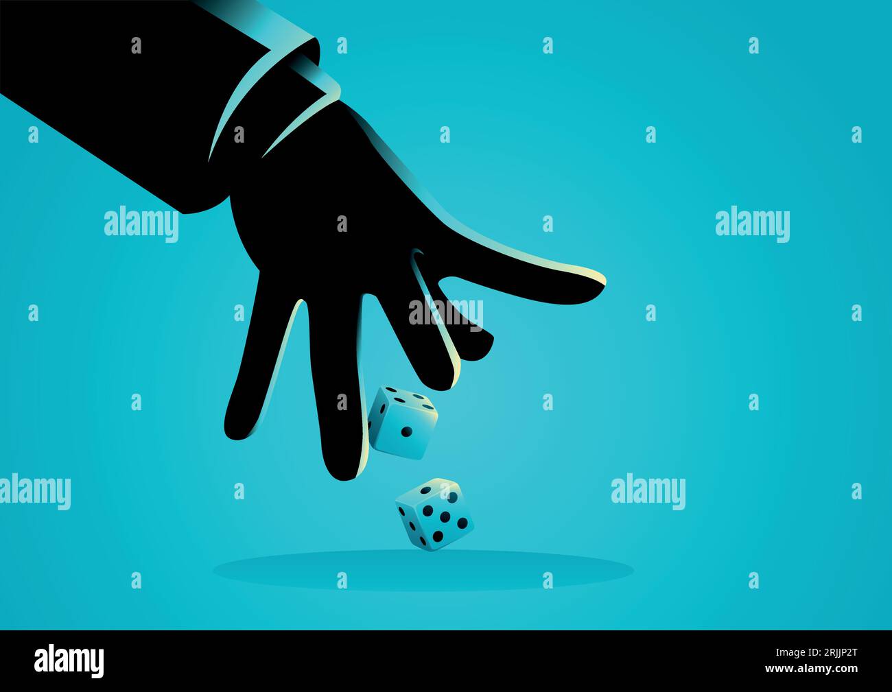 Business concept illustration of businessman hand throwing dices. Unpredictable, taking risk concept. Stock Vector