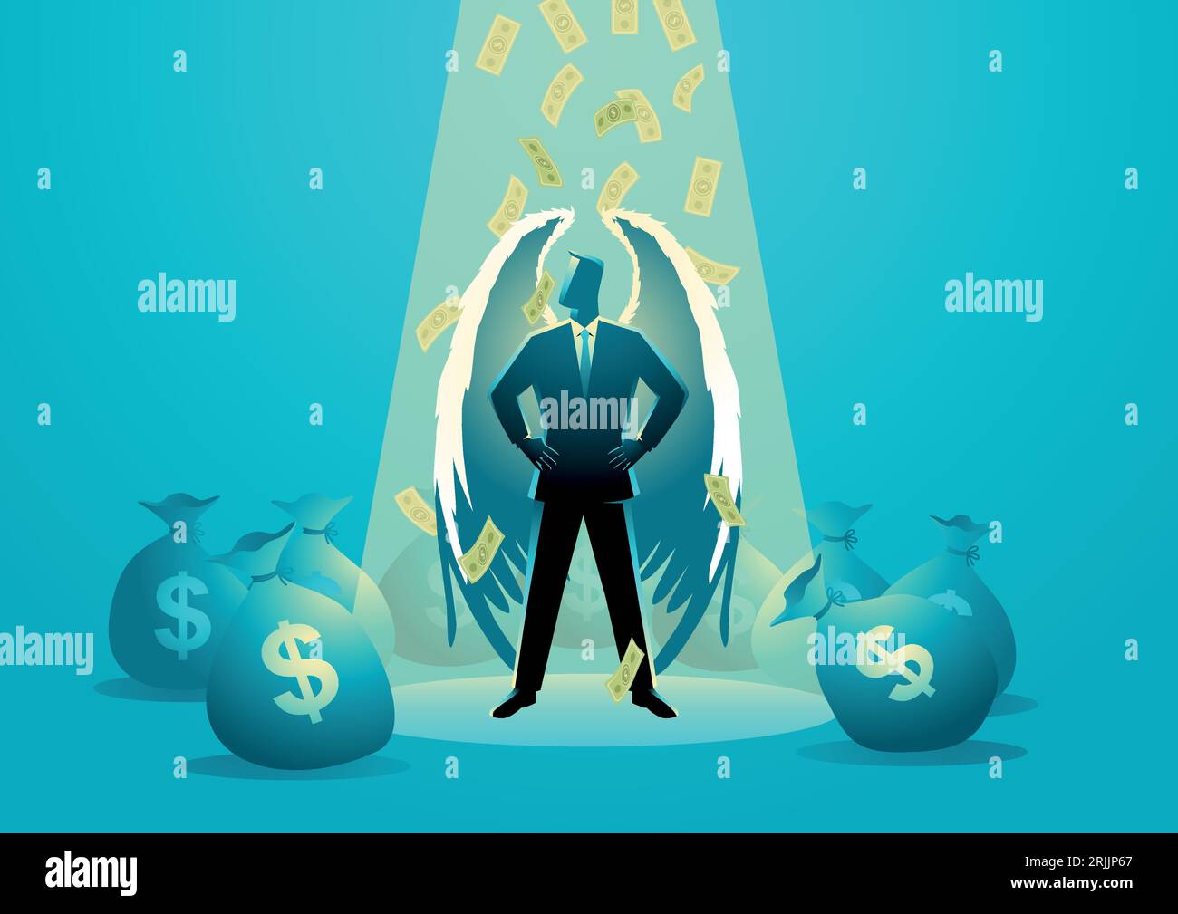 Business concept vector illustration of an angel businessman standing under spotlight with money rain and bags around him. Angel investor concept Stock Vector