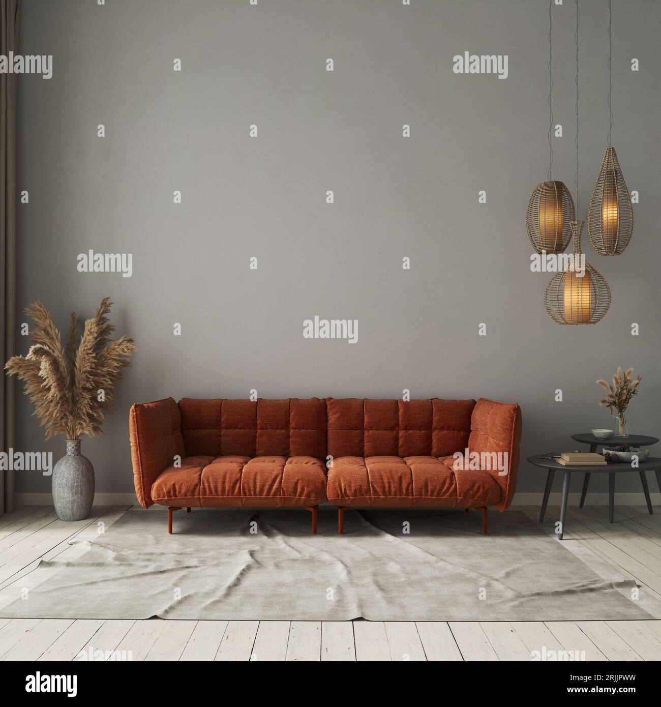 Living room interior with orange sofa on gray concrete wall background ...