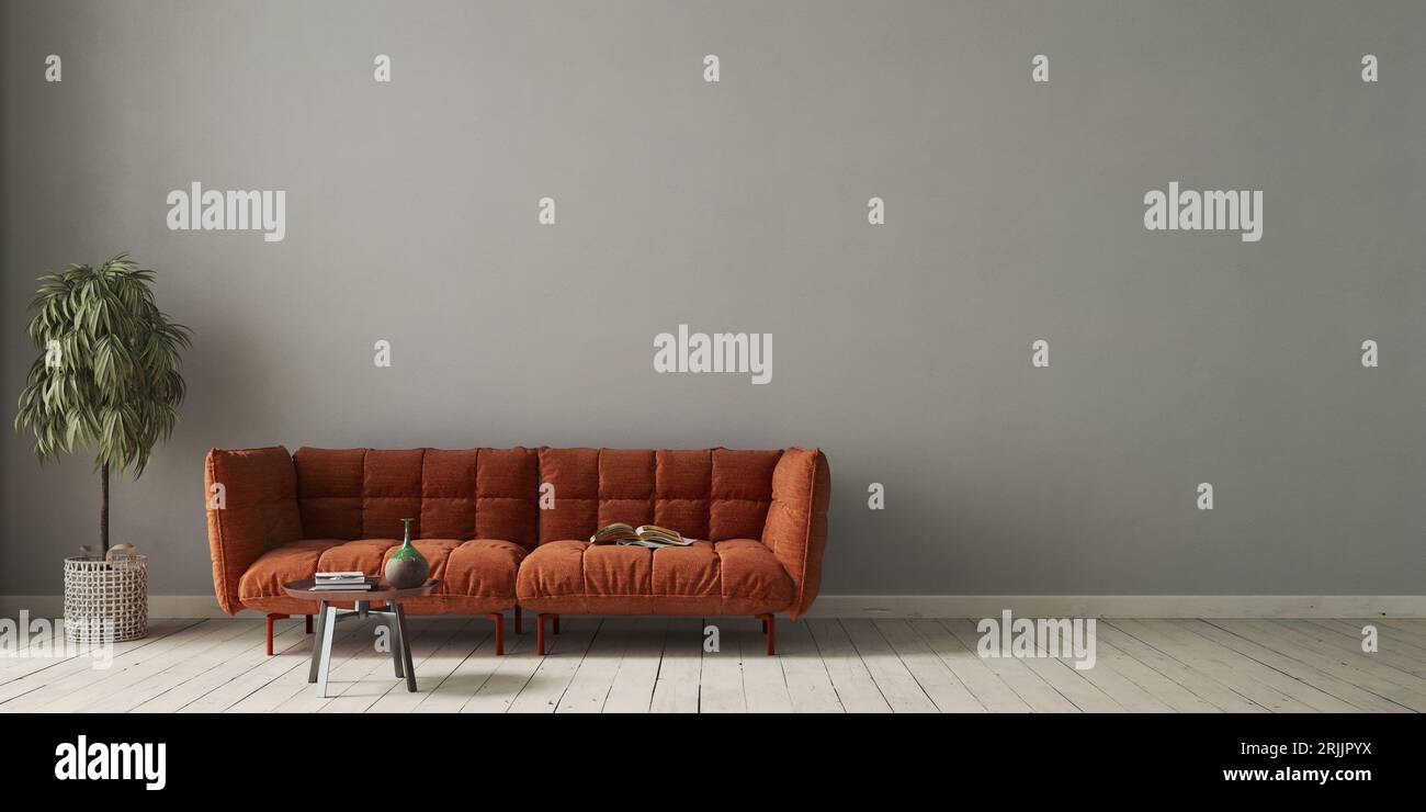 Living room interior with orange sofa on gray concrete wall background ...