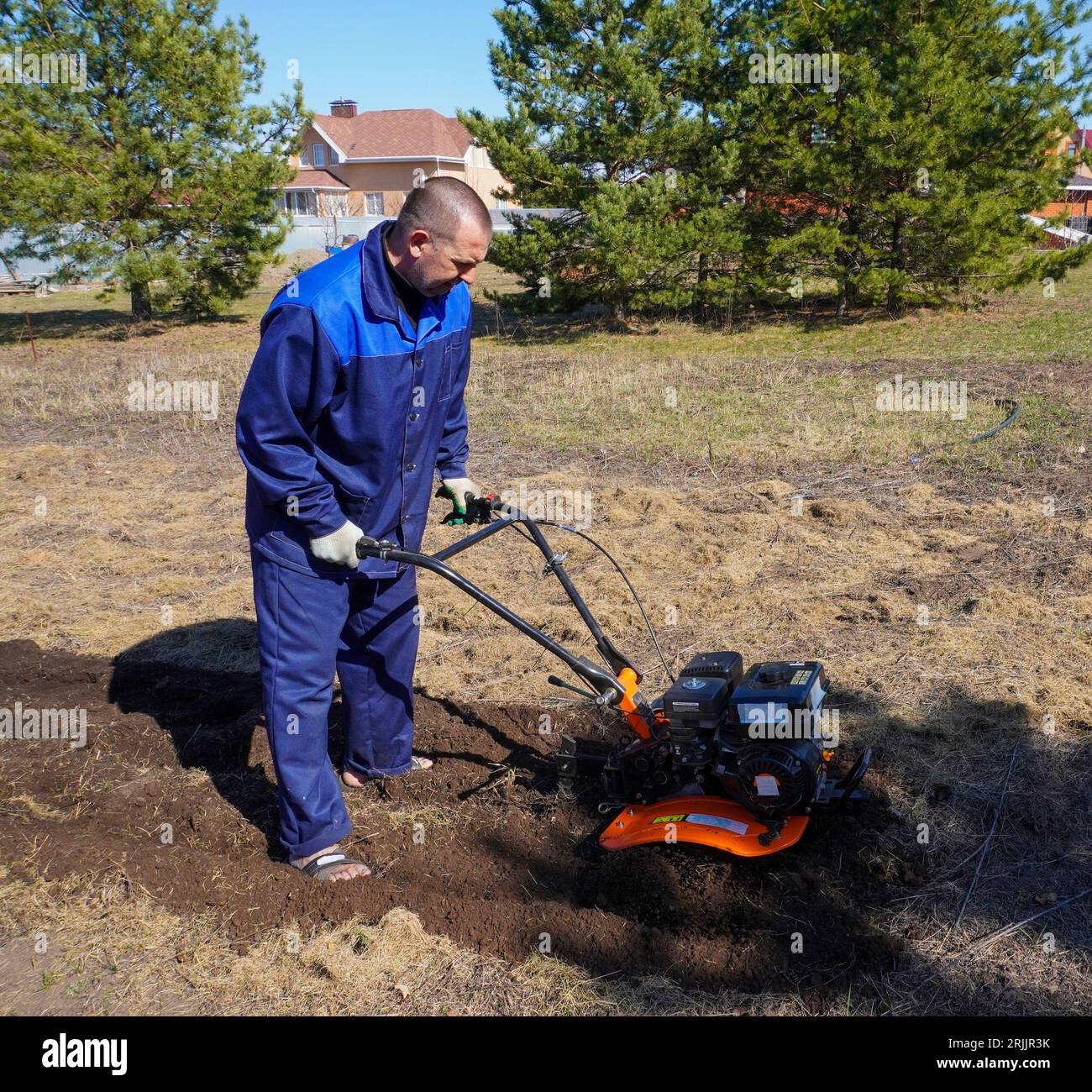 A man works in a vegetable garden in early spring. Digs the ground ...