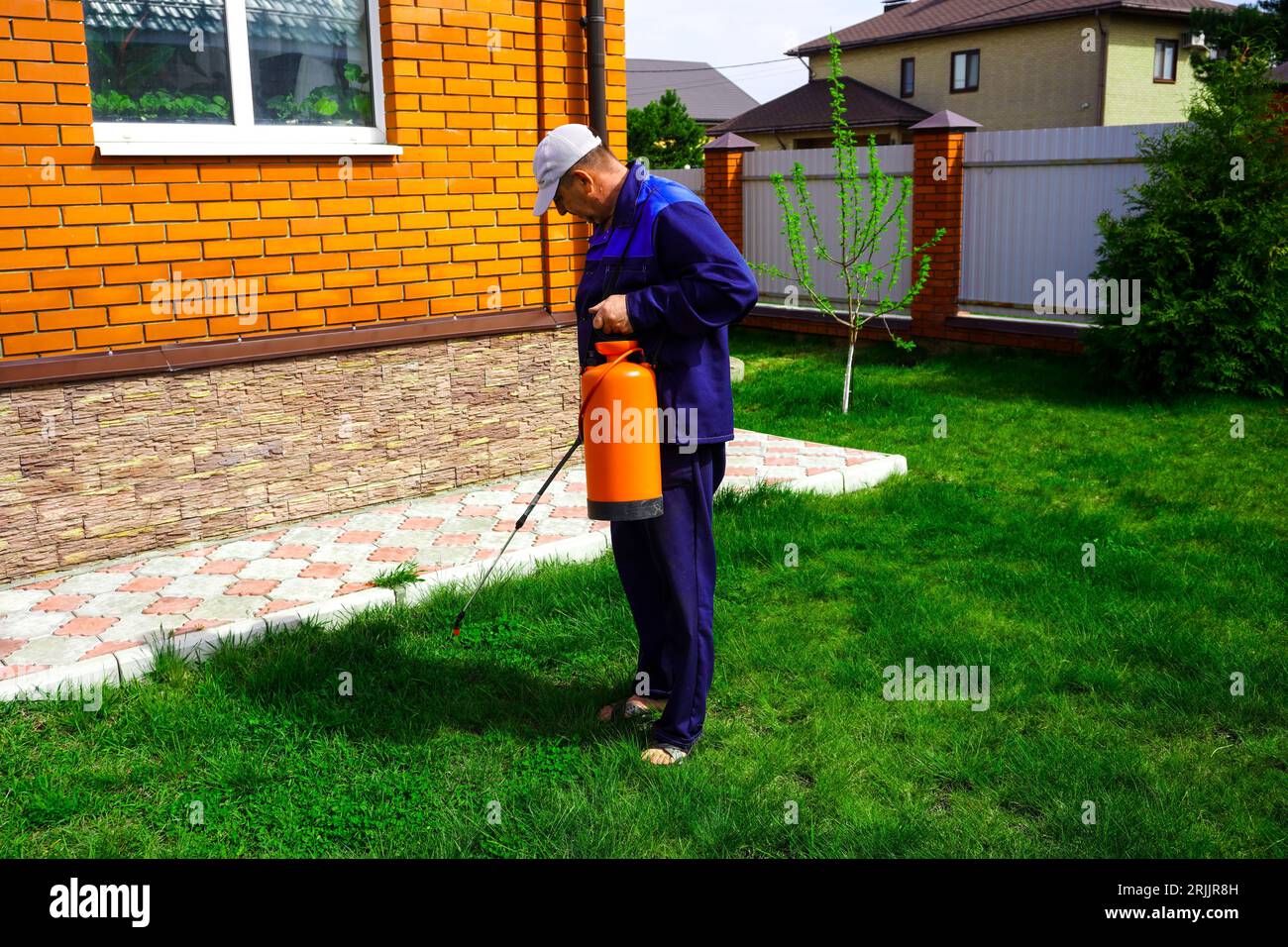 A man works in the garden, spraying weeds from a sprayer Stock Photo ...