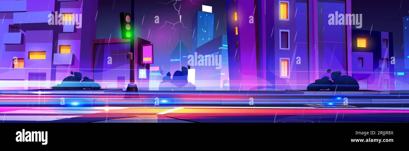 City at night in rain with thunder and lightning. Cartoon vector ...