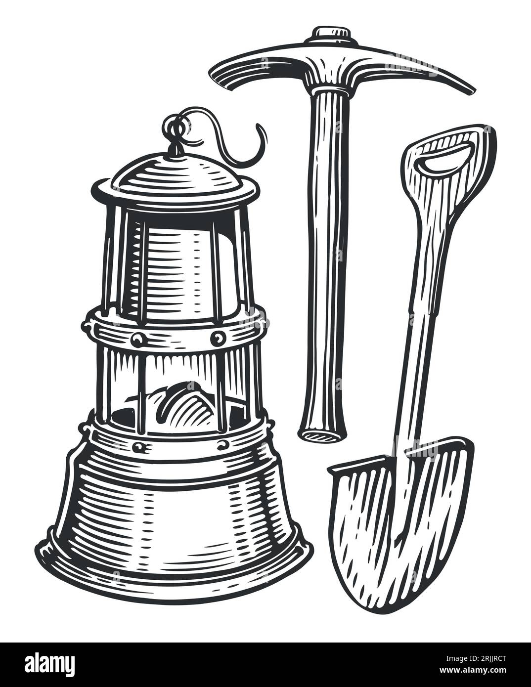 Mining tools, shovel, pickaxe and lantern in vintage engraving style. Sketch vector illustration Stock Vector
