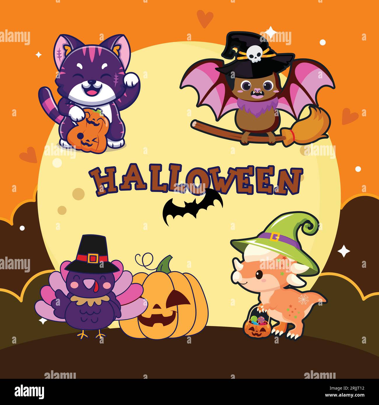 Halloween card with cute cartoon animals. Vector illustration Stock