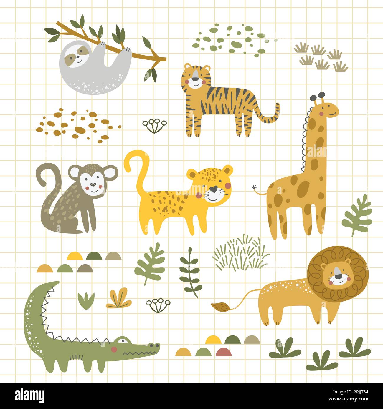 Cute hand drawn jungle animals collection. Vector illustration in ...