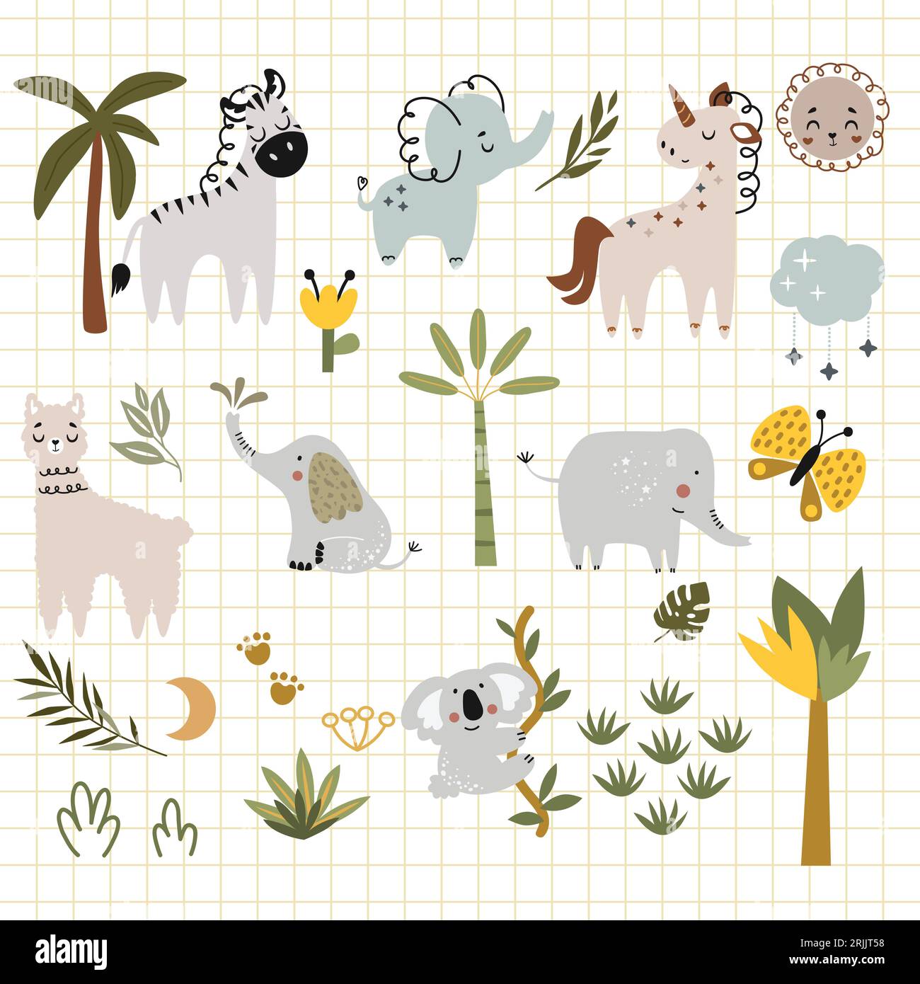 Cute hand drawn jungle animals collection. Vector illustration in ...