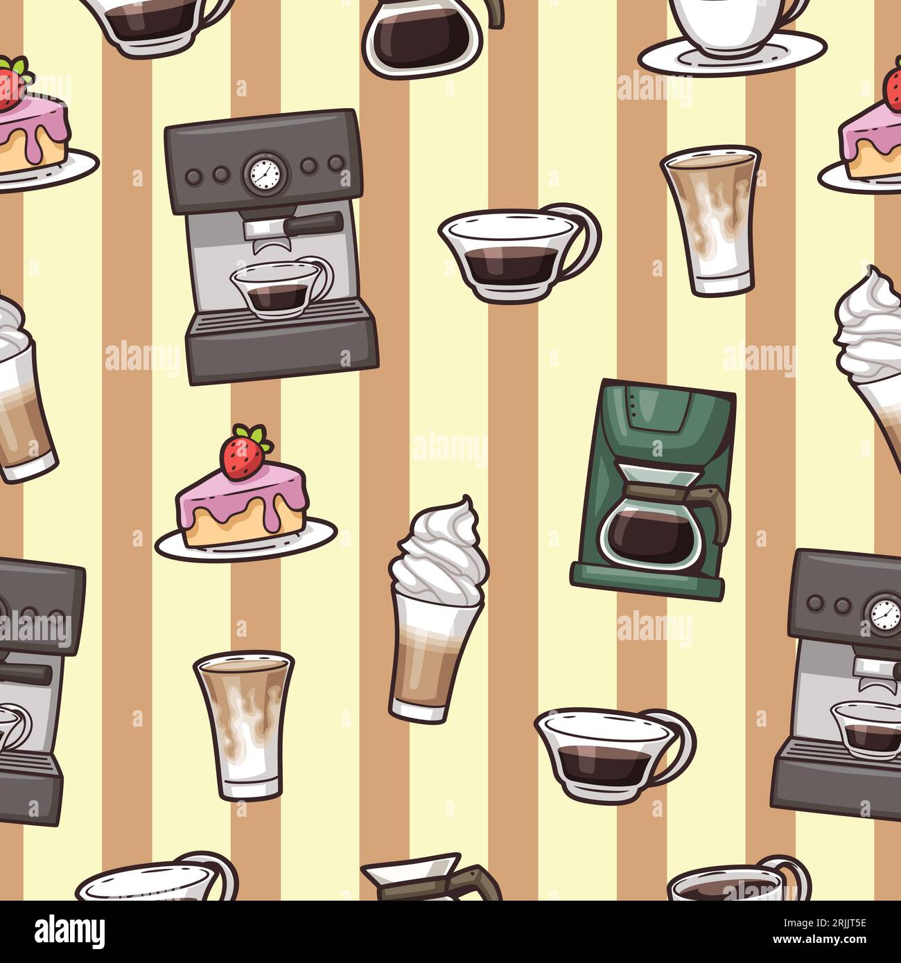 Seamless pattern with coffee and desserts. Vector background. Hand drawn illustration. Stock Vector