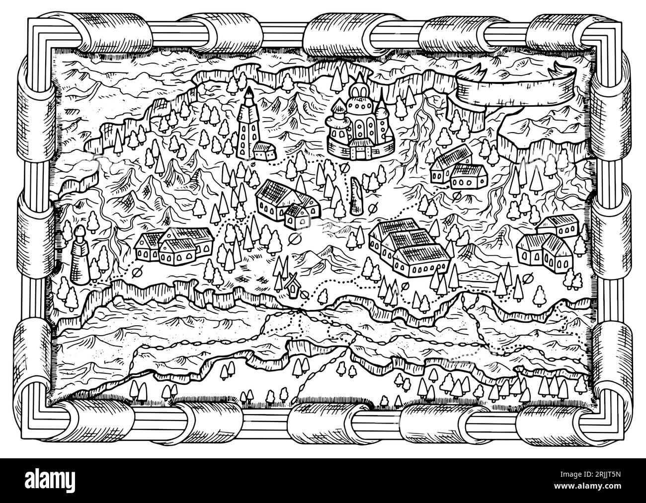 Old fantasy vector map with medieval unknown land, towns, mountain and trees and antique baroque frame. Graphic line art illustration, coloring page c Stock Photo
