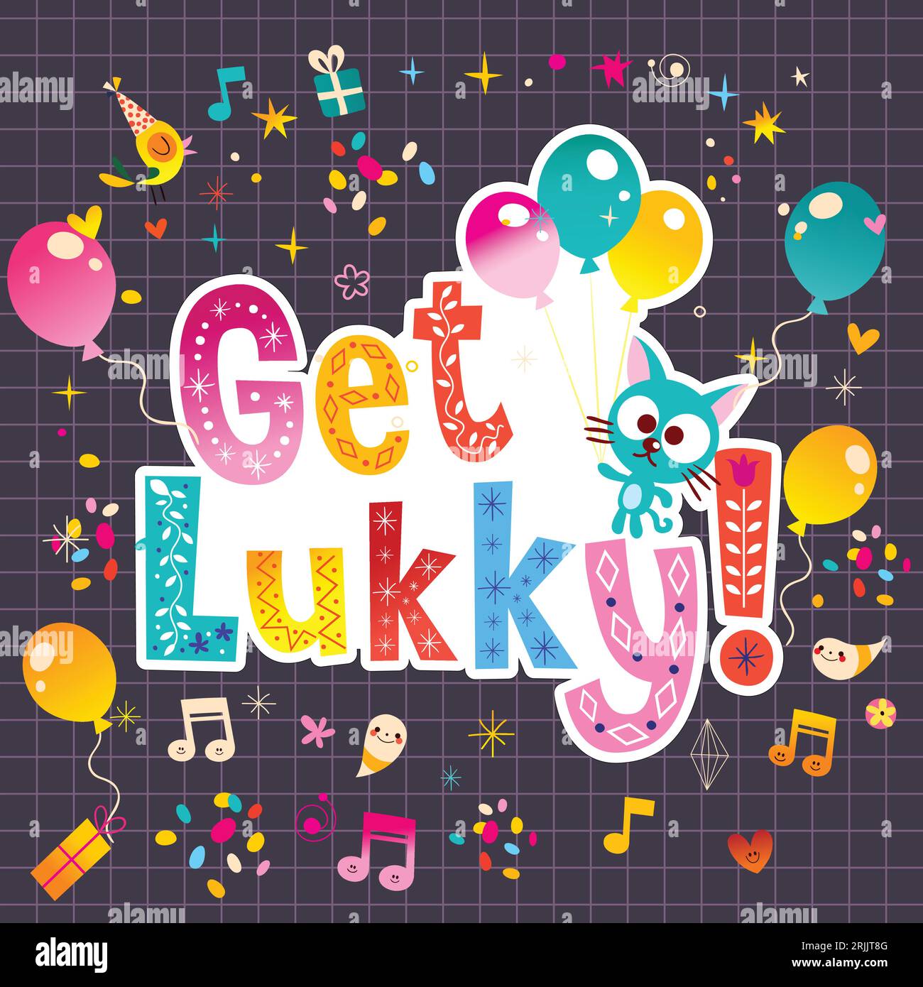 Greeting card with cat, balloons, music notes and letters. Vector illustration. Stock Vector