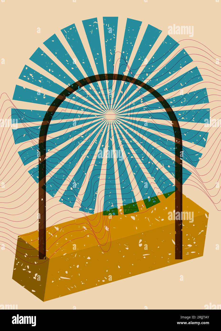 Geometry object in trendy riso graph design. Colorful geometric shapes, elements. Risograph print texture style. Stock Vector