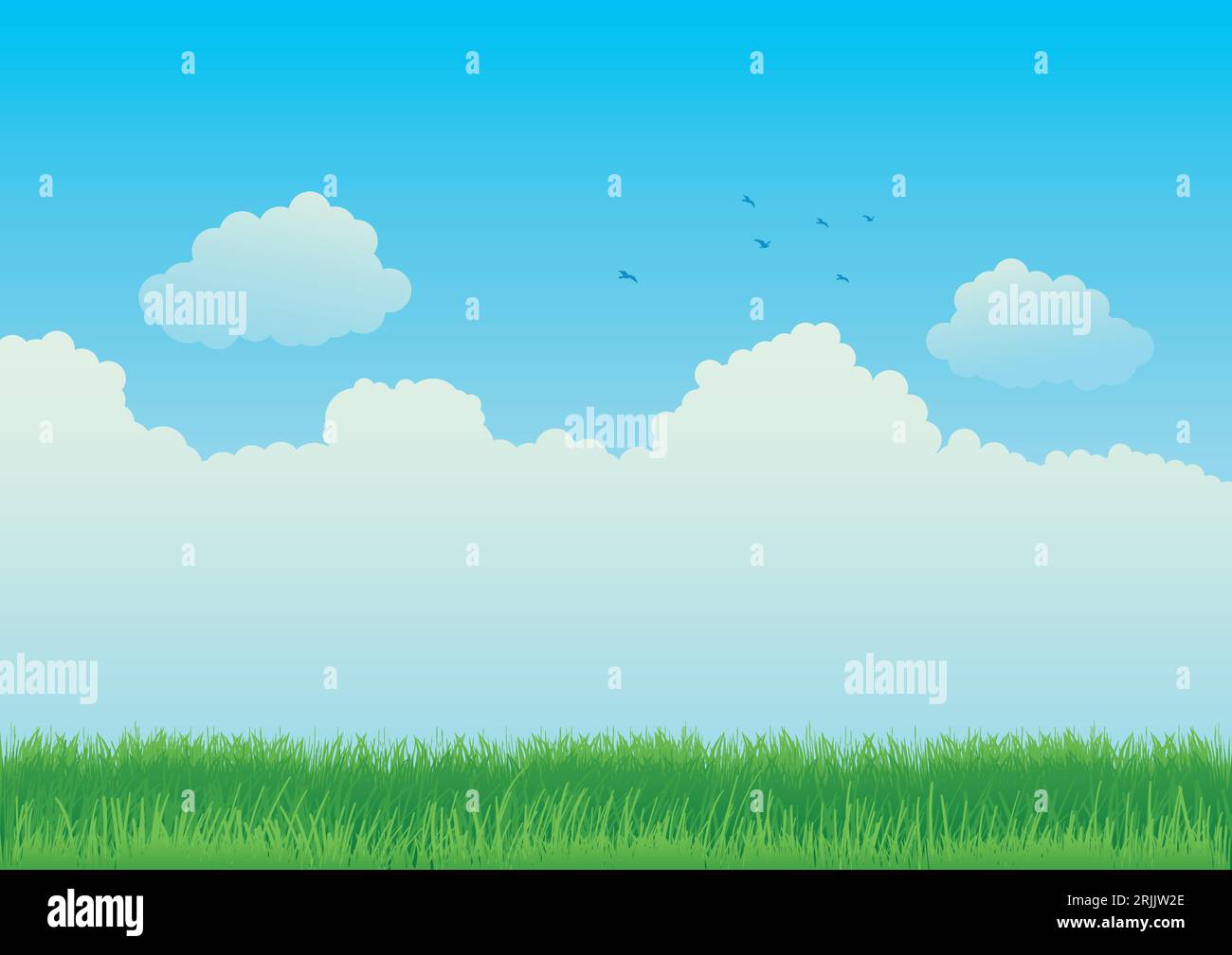 Vector illustration of green grass field and blue sky with clouds Stock ...