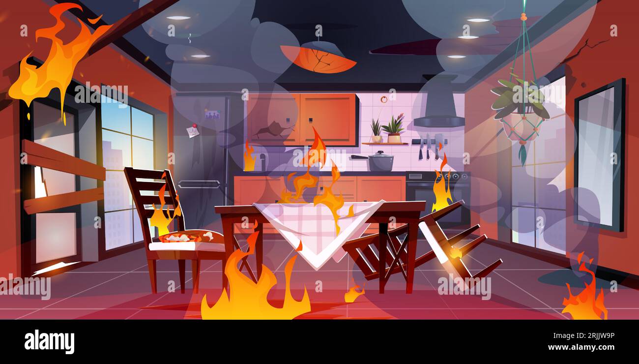 Dining table in kitchen interior in fire disaster with smoke. Broken