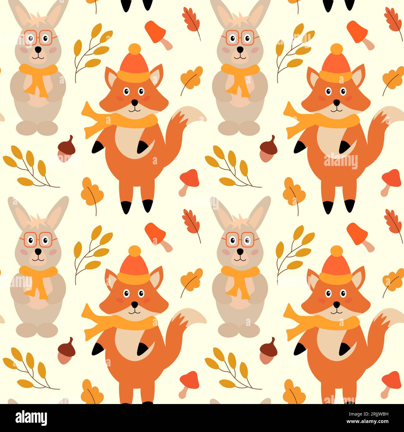 Seamless pattern with forest animals - fox with hat and scarf, hare ...