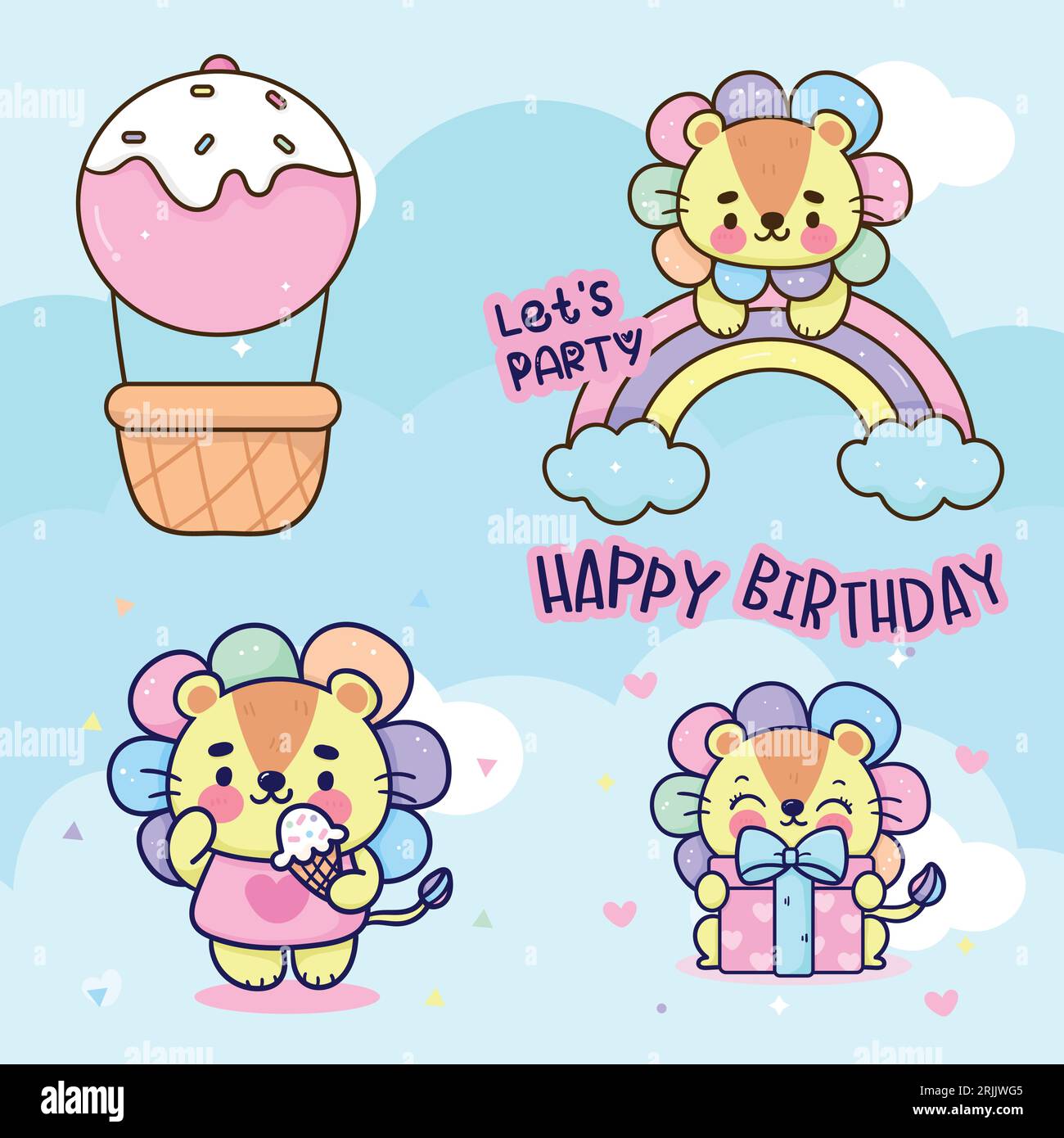 Vector birthday party elements set cute cartoon animals vector illustration Stock Vector