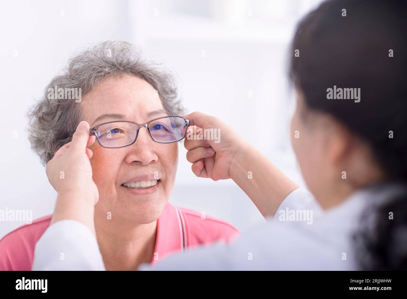 Vision, glasses with doctor and patient, eyes health and optometry
