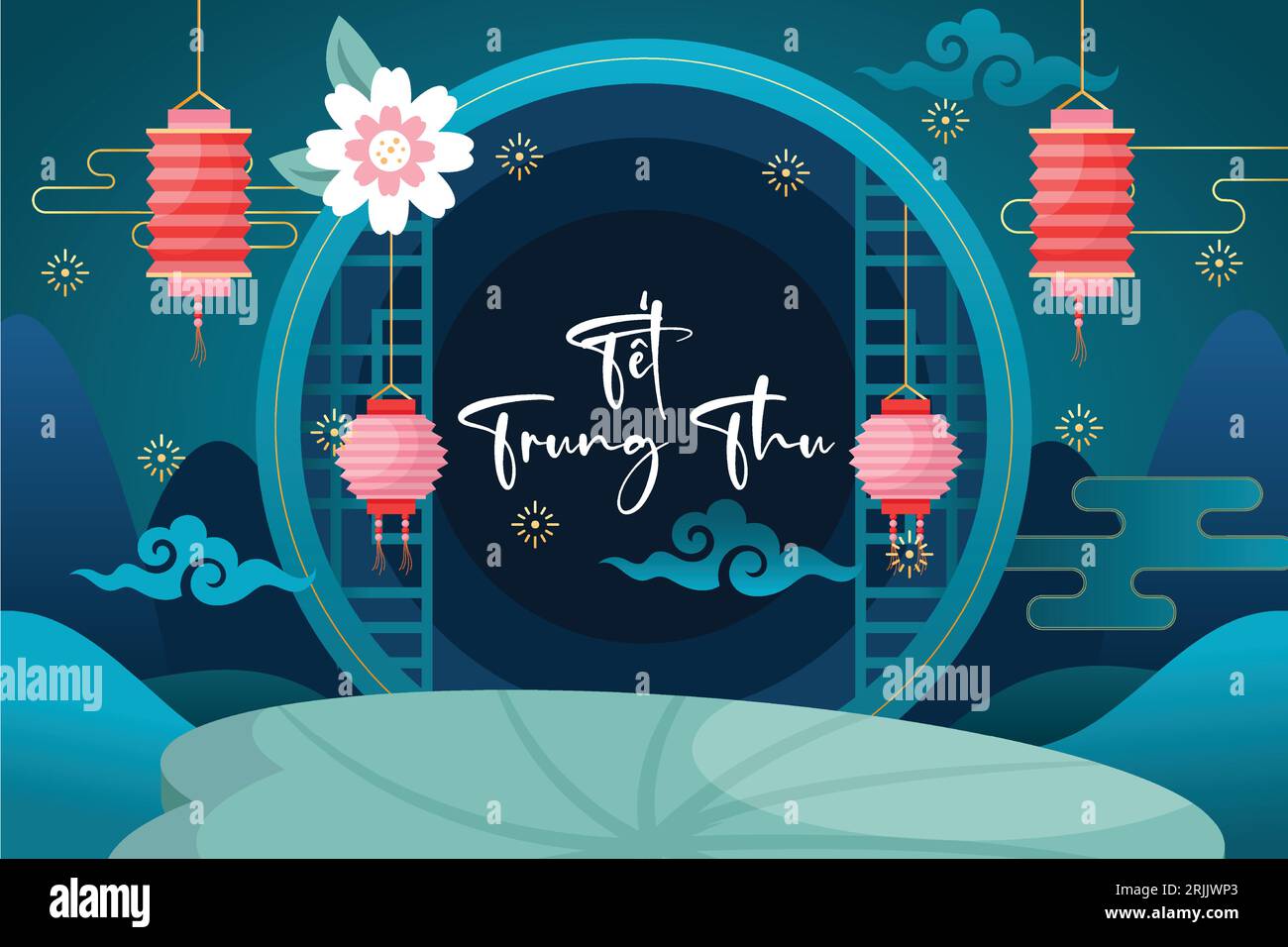 Happy Mid Autumn Festival greeting card with lanterns and rabbit Vector ...