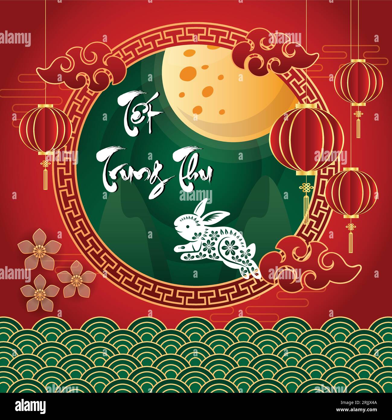 Happy Mid Autumn Festival greeting card with lanterns and rabbit Vector ...
