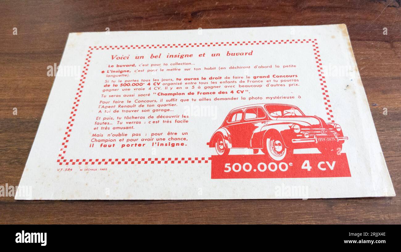 Bordeaux , France -  08 19 2023 : Renault 4CV logo brand and text sign car in school blotter paper vintage old retro vehicle Stock Photo