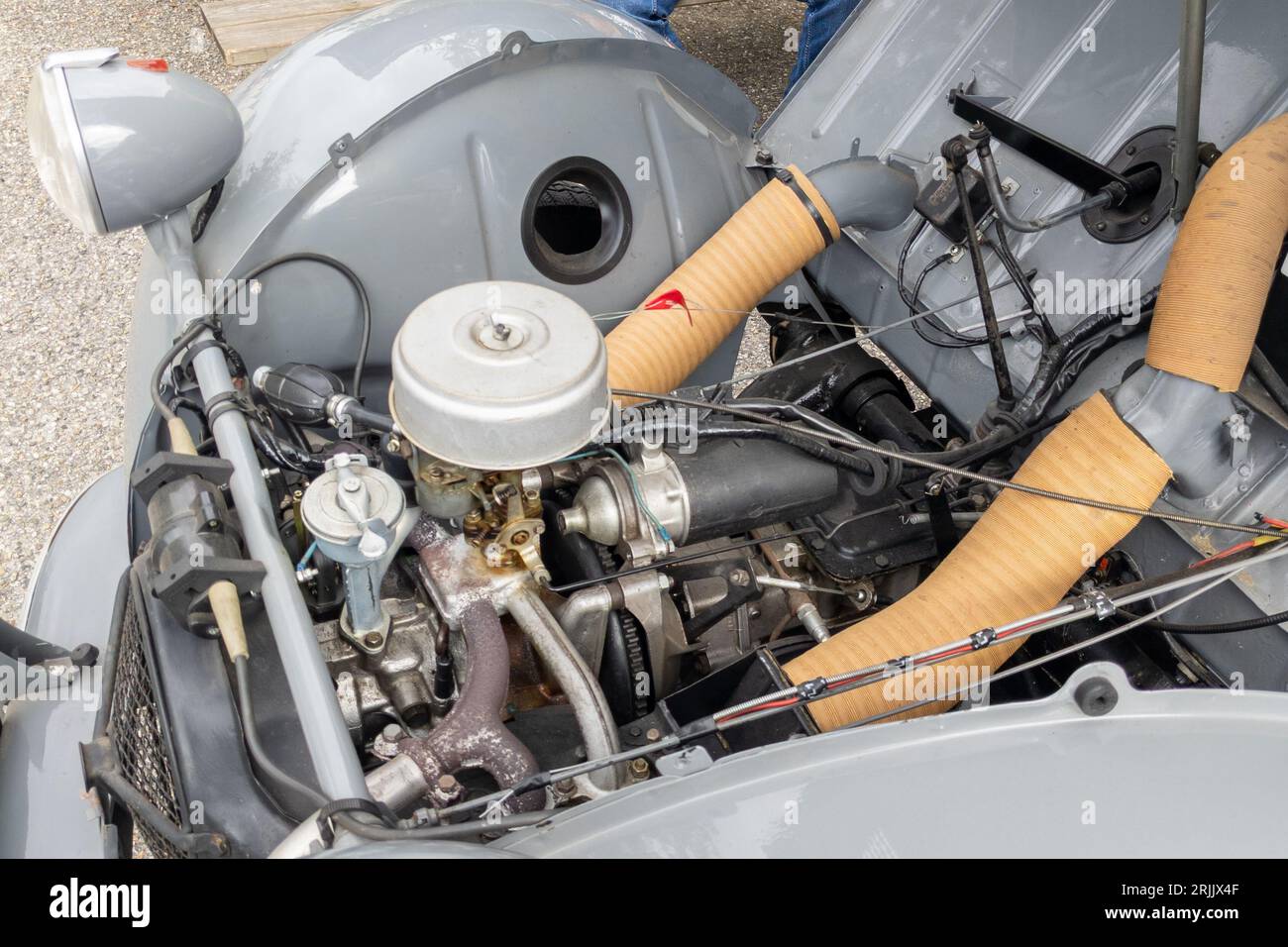 Bordeaux , France -  08 19 2023 : Citroen 2CV car hood open with engine restored to new as it left the factory french classic car from sixties 1960 Stock Photo