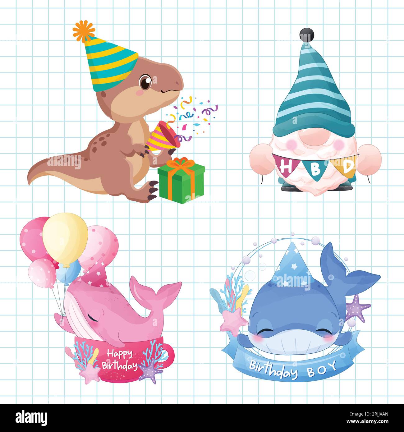 Vector birthday party elements set cute cartoon animals vector illustration Stock Vector